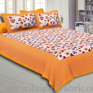 Yellow Border jaipuri design floral print Cotton Double Bedsheet with Pillow Cover