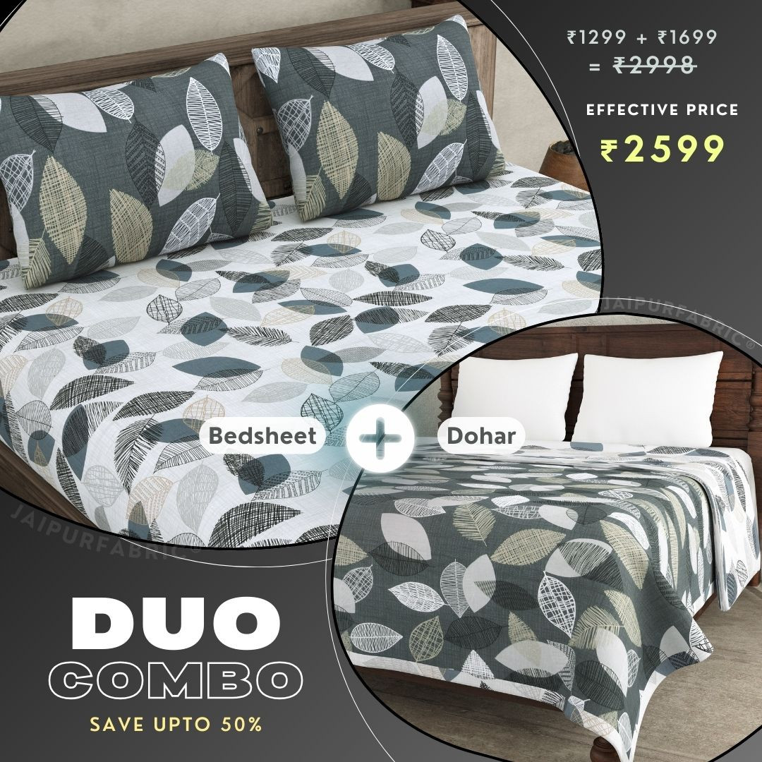 Autumn Fall Grey and Off White Dohar and Bedsheet Combo