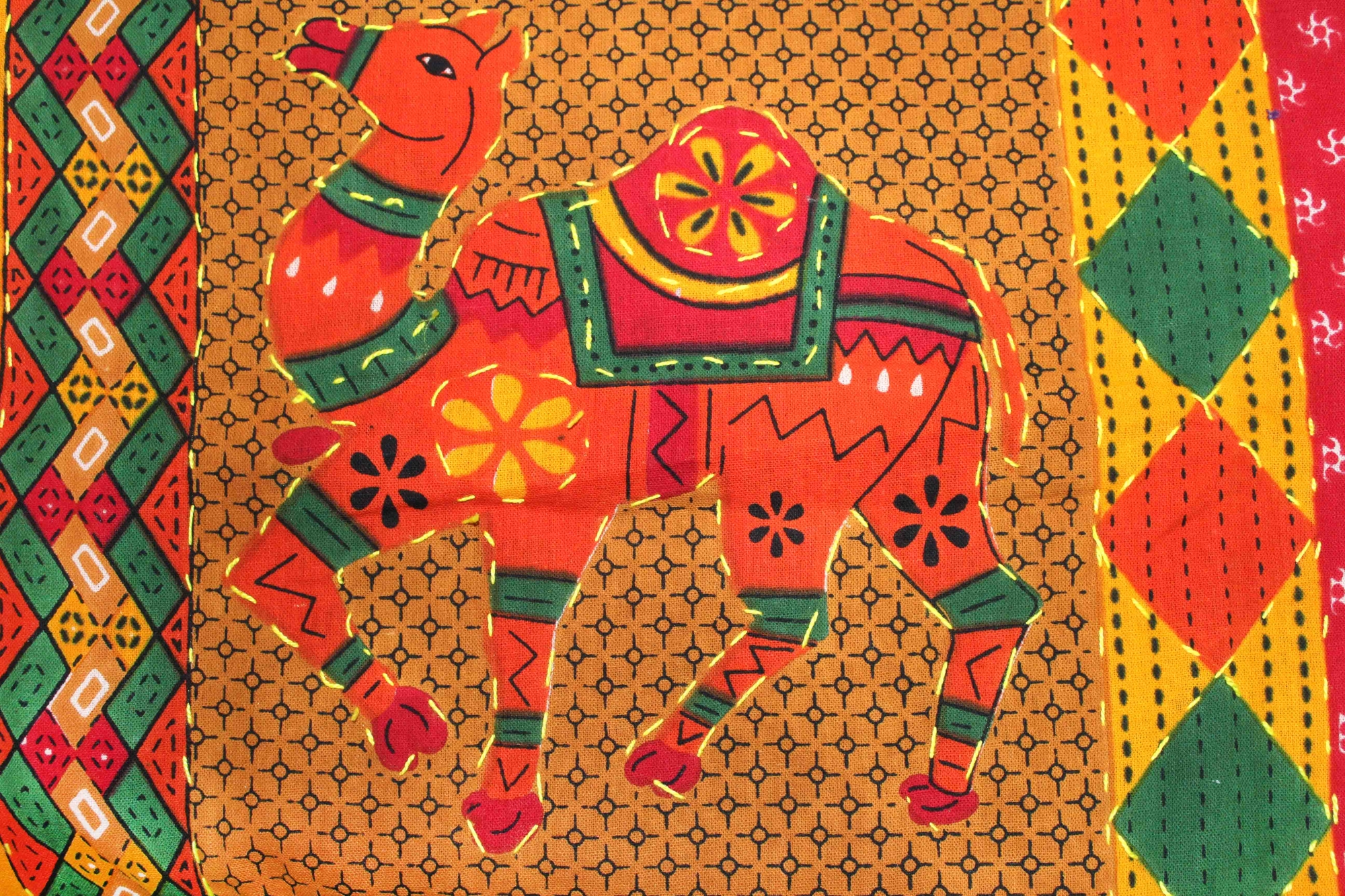 Yellow Jaisalmer Handmade Embroidery with Thread Work Elephant Print Double Bed Sheet with Two Pillow Covers