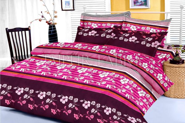 Pink and Black Slanting Stripe and Floral Print King Size Cotton Bed Sheet