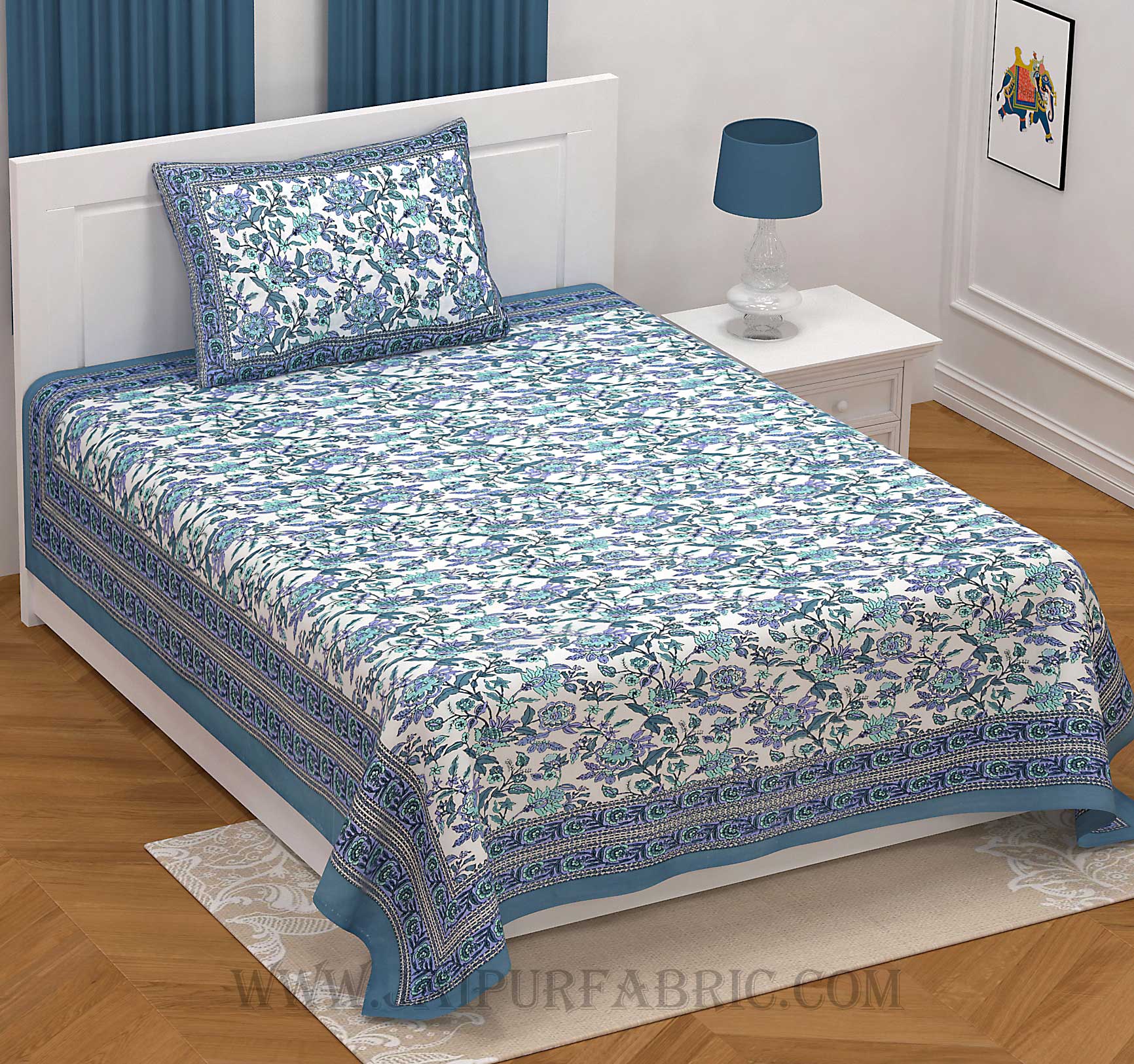 COMBO365 Beautiful Blue Ethnic Combo Set of 1 Single and 1 Double Bedsheet With 3 Pillow Cover