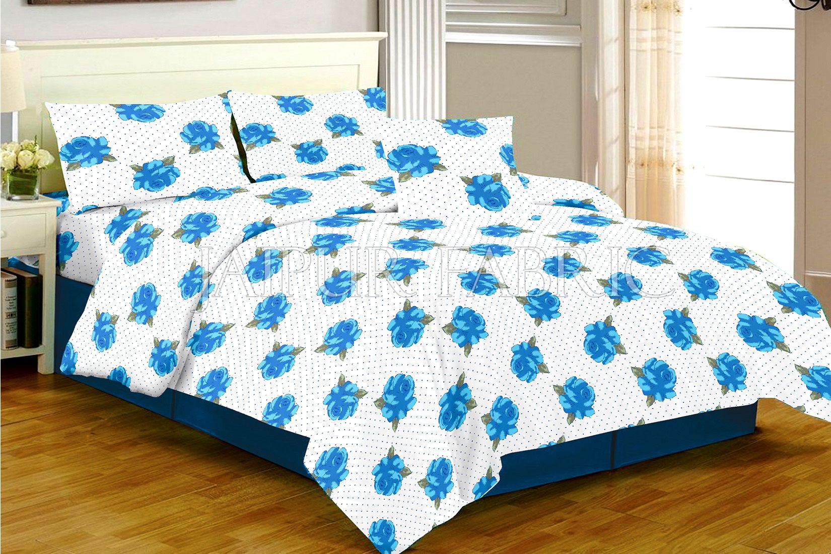 White Base Blue Flower Dotted Print Single Bed Sheet
