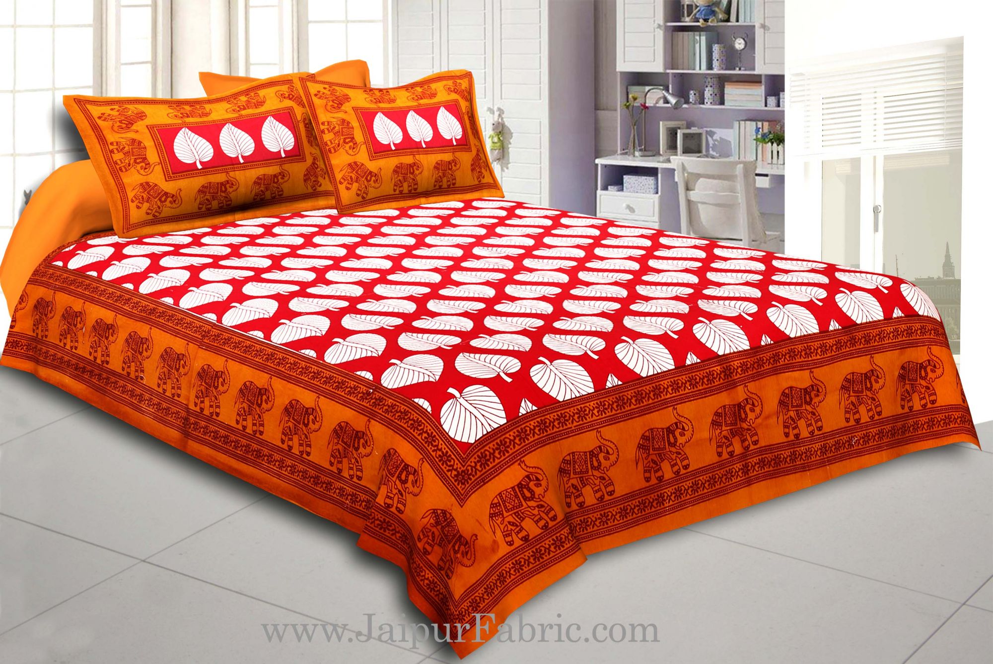 Brown Border With  Red Base Paan Pattern Cotton Double Bed Sheet