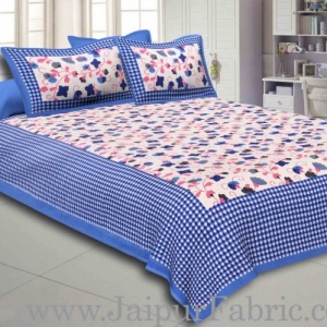 Navy Blue Border jaipuri design floral print Cotton Double Bedsheet with Pillow Cover