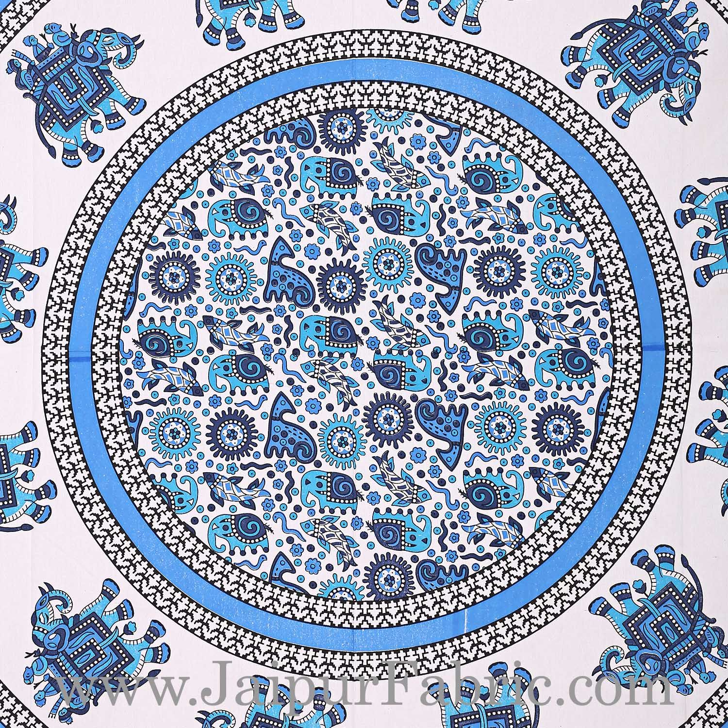 Navy Blue & White  Base  Elephant Print  in Circle Super Fine Cotton Diwan Set