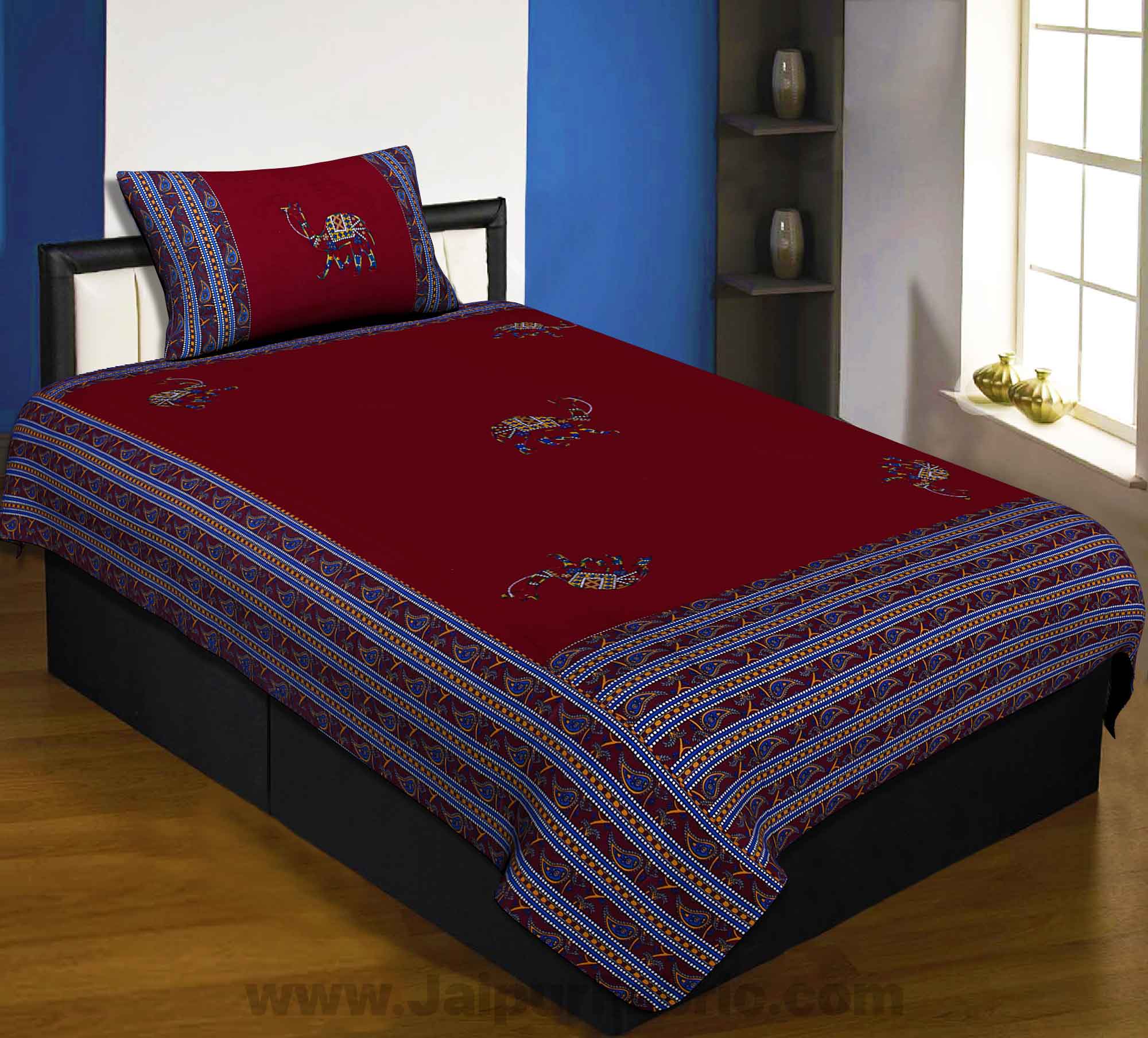 Applique Maroon Camel Jaipuri  Hand Made Embroidery Patch Work Single Bedsheet