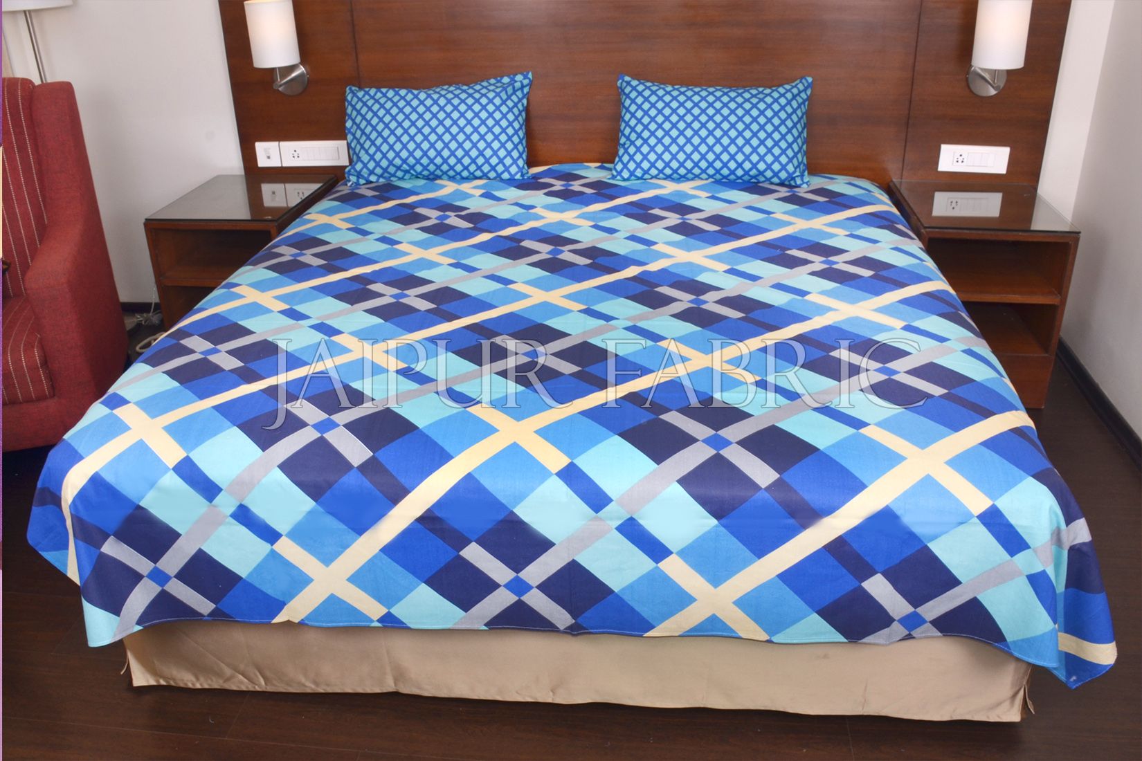 Bice Color Blue Square Print Double Bed Sheet