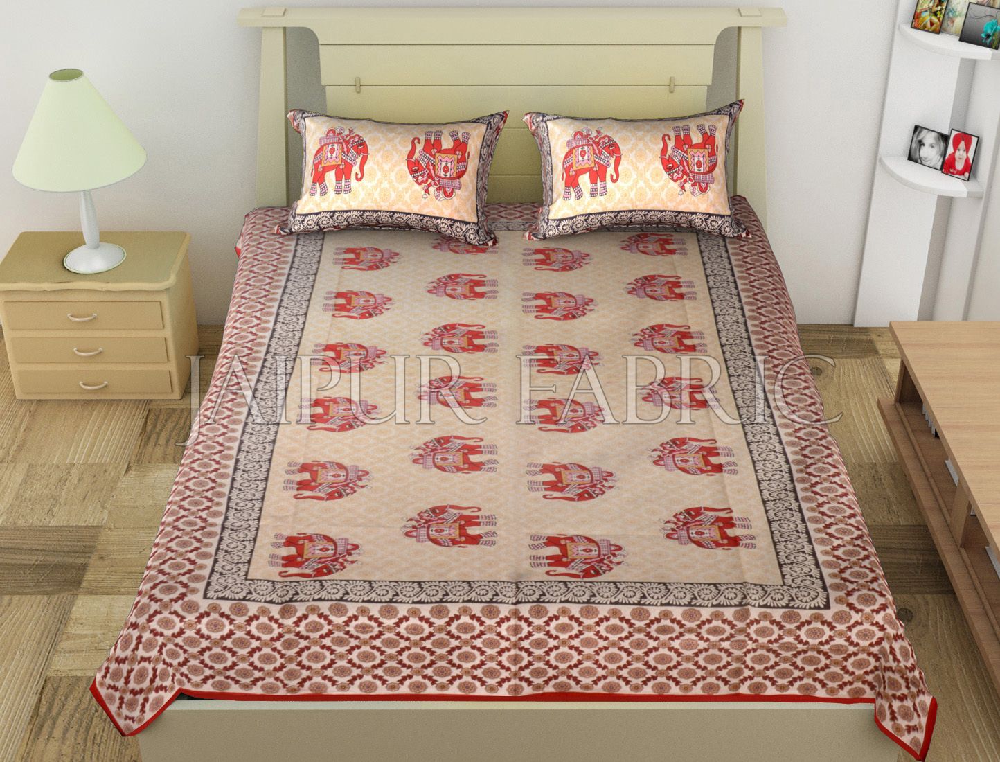 Red Big Size Elephant Printed Cotton Single Bed Sheet