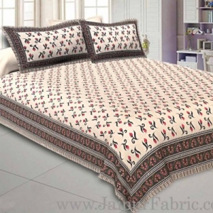 Double Bedsheet Light  Brown Border Small Floral Print With Two Pillow Cover