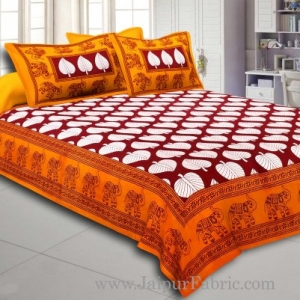 Yellow  Border With  Maroon  Paan Pattern Cotton Double Bed Sheet