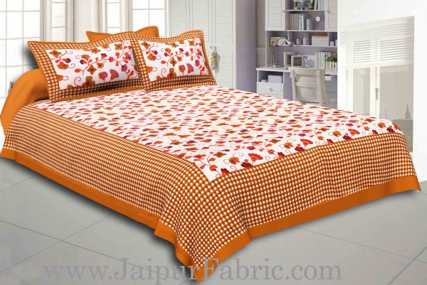 Brown Border jaipuri design floral print Cotton Double Bedsheet with Pillow Cover