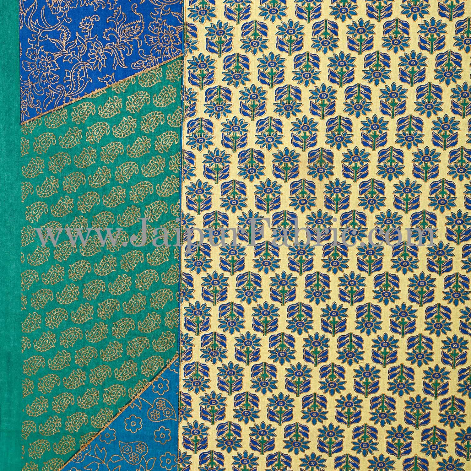 Green Border With Golden Print   Central Square Floral Print Super Fine Cotton Diwan Set