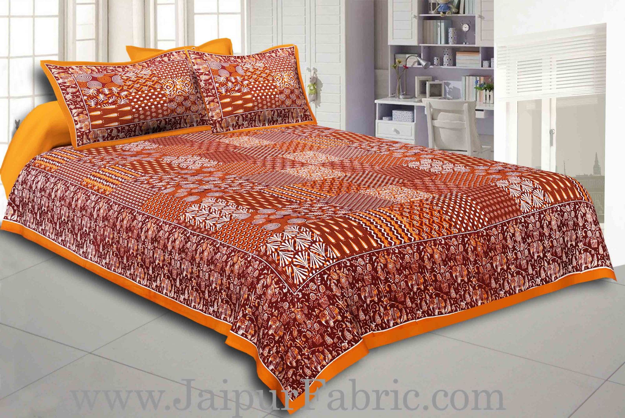 Yellow Border Coffe Base Checks Design Cotton Double Bedsheet With Pillow Cover