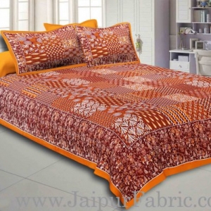 Yellow Border Coffe Base Checks Design Cotton Double Bedsheet With Pillow Cover