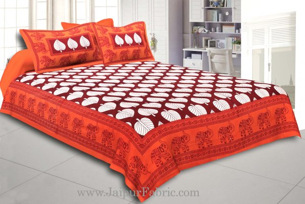 Orange  Border With  Red Base Paan Pattern Cotton Double Bed Sheet