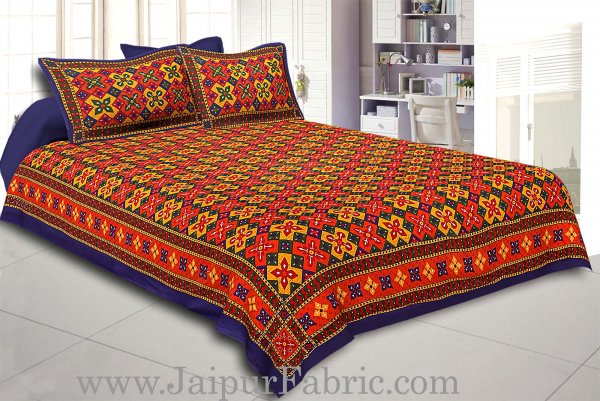 Blue Border Boota And Lehariya Lining Cotton Double Bed Sheet