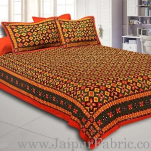 Orange Border Boota And Lehariya Lining Cotton Double Bed Sheet