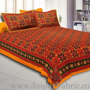 Yellow Border Boota And Lehariya Lining Cotton Double Bed Sheet