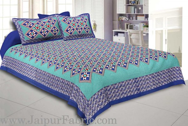 Blue Border Sea Green Base Designer Check Pattern Cotton Double Bed Sheet