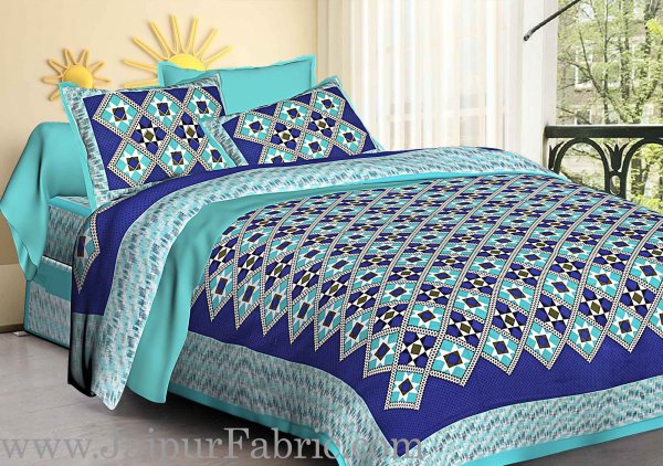 Sea Green Border Blue  Base Designer Check Pattern Cotton Double Bed Sheet