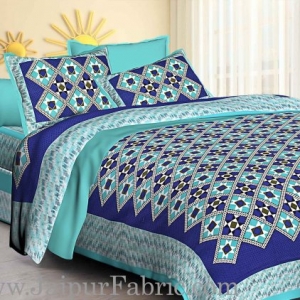 Sea Green Border Blue  Base Designer Check Pattern Cotton Double Bed Sheet