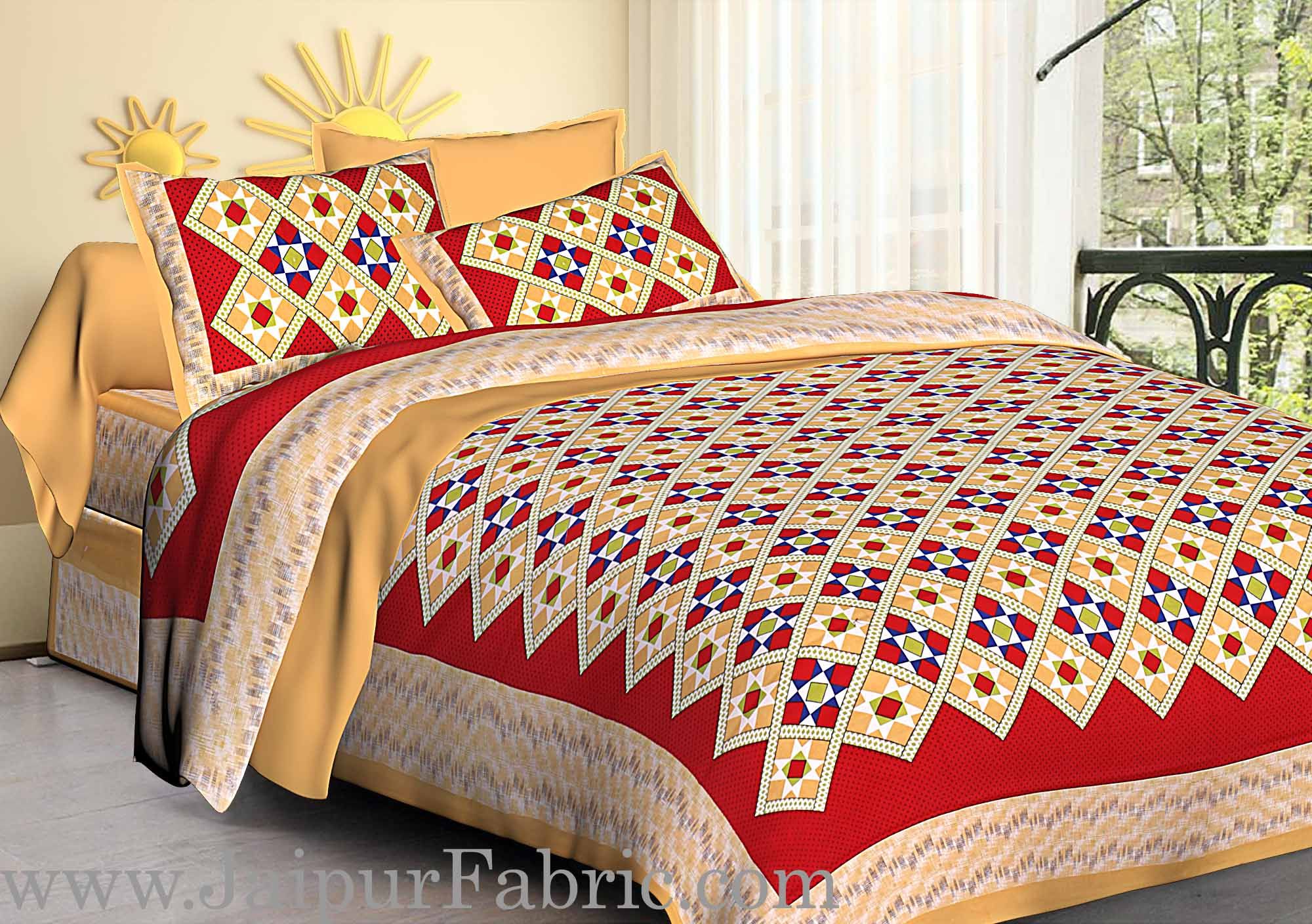 Mustard Border Red   Base Designer Check Pattern Cotton Double Bed Sheet