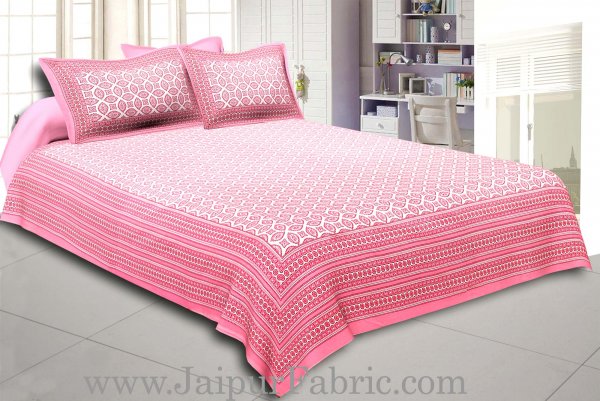 Pink Border Cream Base Bagru Pattern Cotton Double Bed Sheet