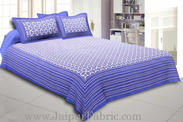 Blue Border Cream Base Bagru Pattern Cotton Double Bed Sheet