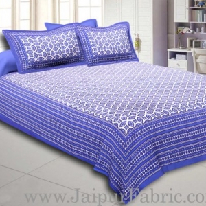 Blue Border Cream Base Bagru Pattern Cotton Double Bed Sheet
