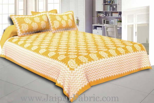 Yellow  Border With Zig-Zig Lining Twin Kerry Pattern Cotton Double Bed Sheet