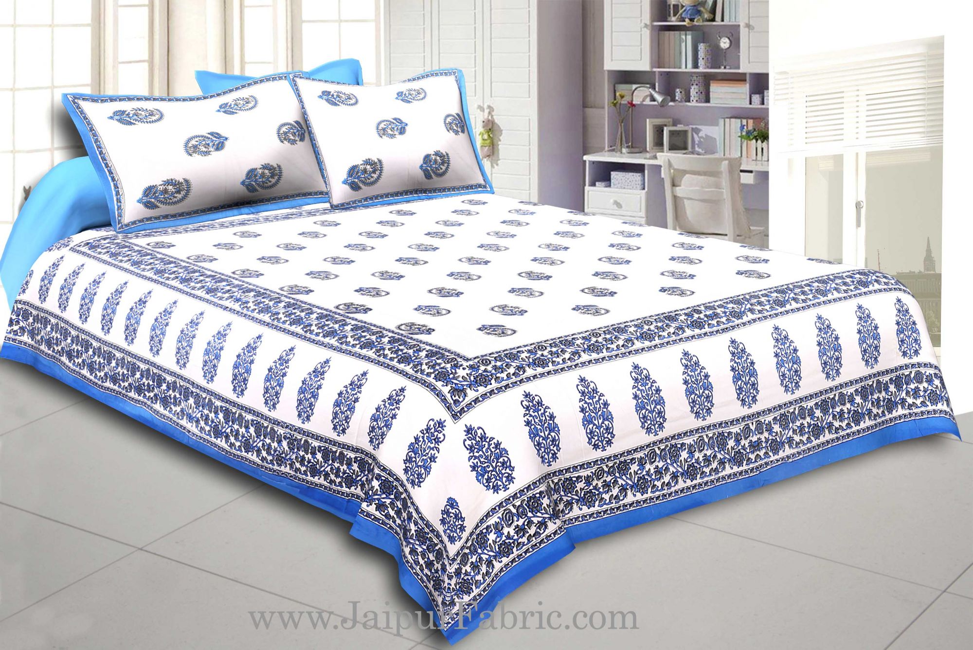 Blue Border White Base Gamla And Booti Print Cotton Double Bed Sheet
