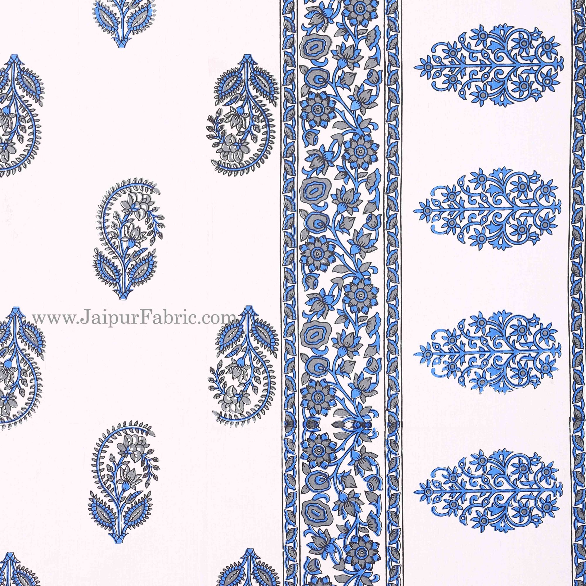Blue Border White Base Gamla And Booti Print Cotton Double Bed Sheet