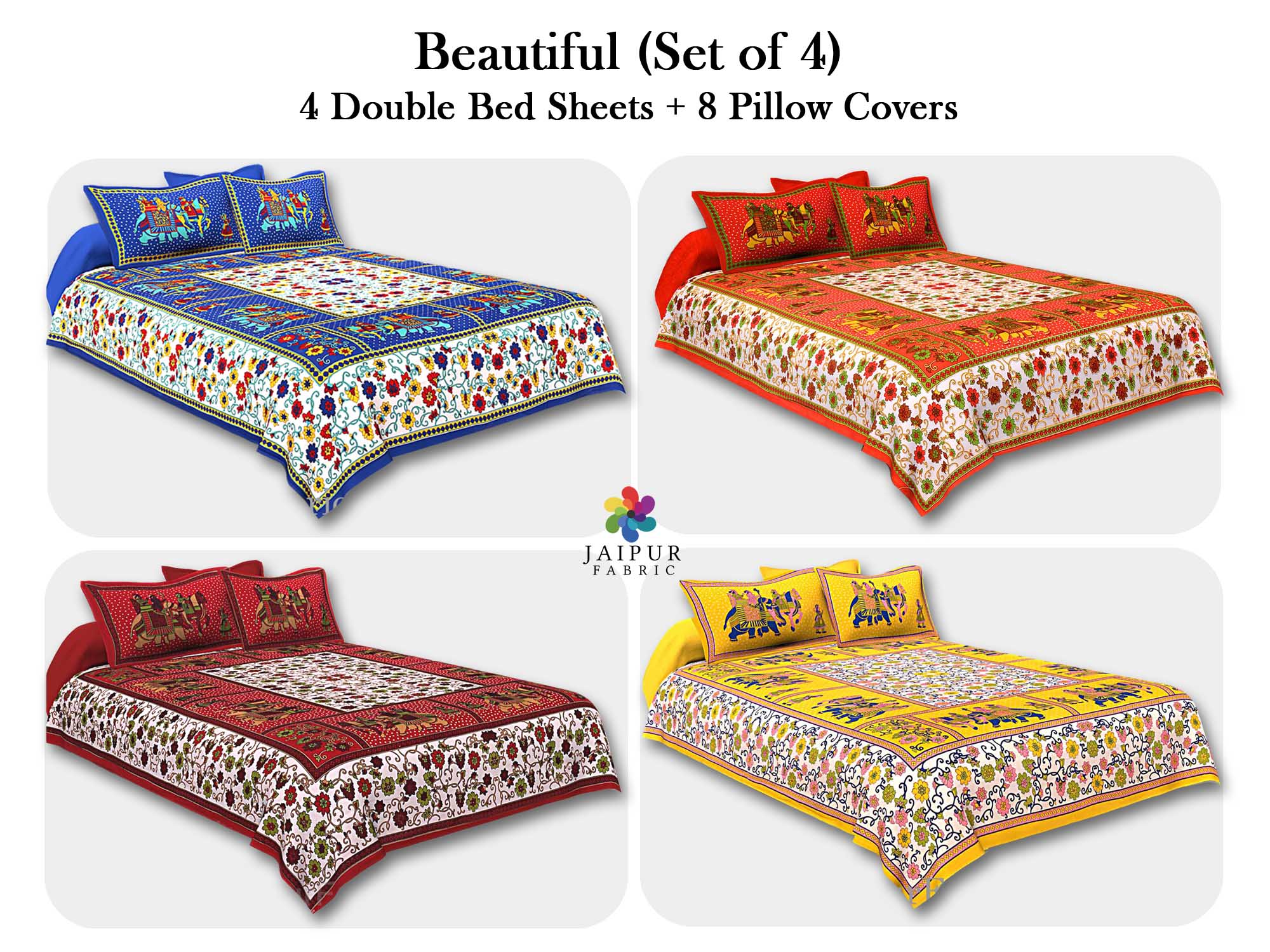 COMBO101 Beautiful Multicolor 4 Bedsheet + 8 Pillow Cover