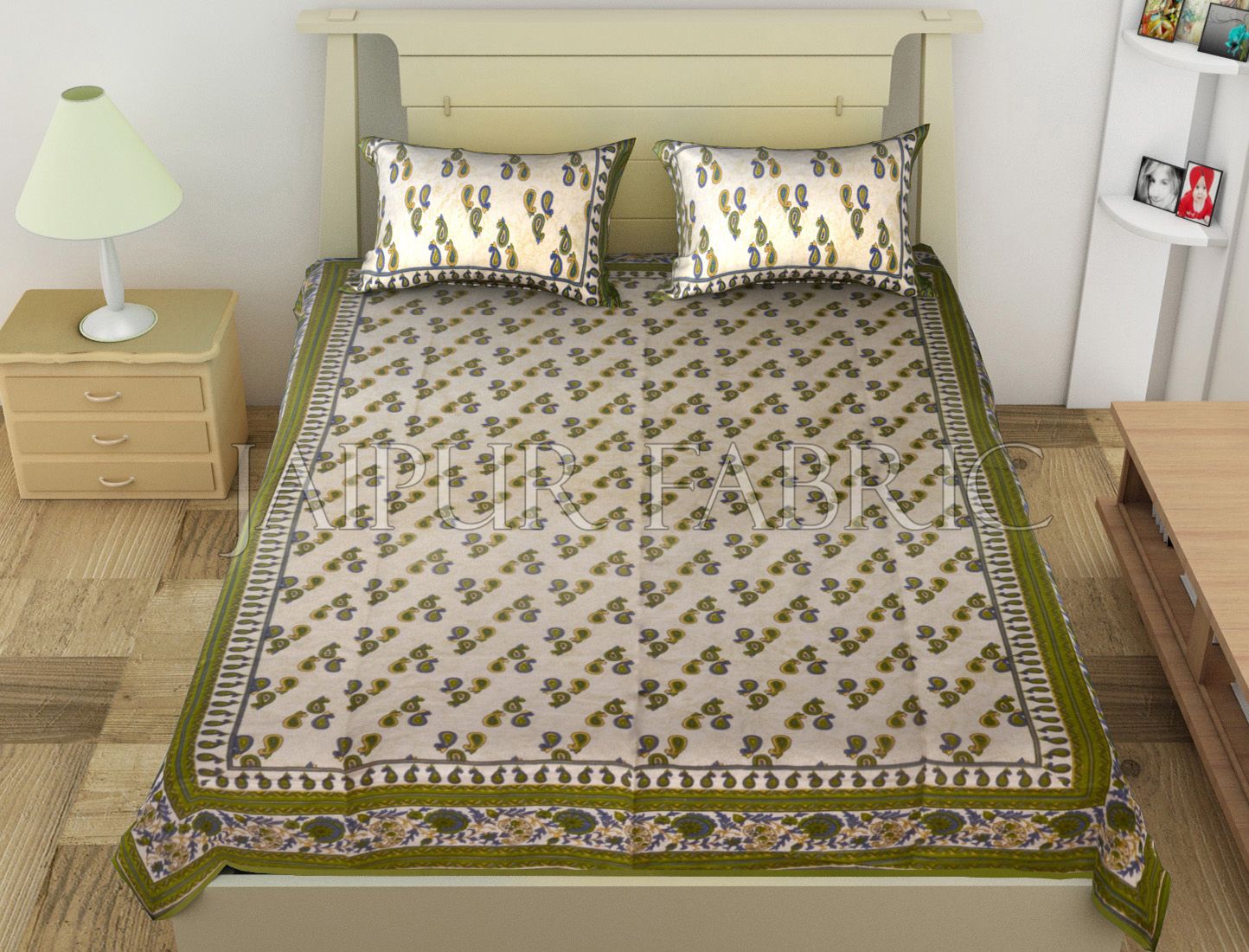 Green Anthemion Pattern Cotton Single Bed Sheet