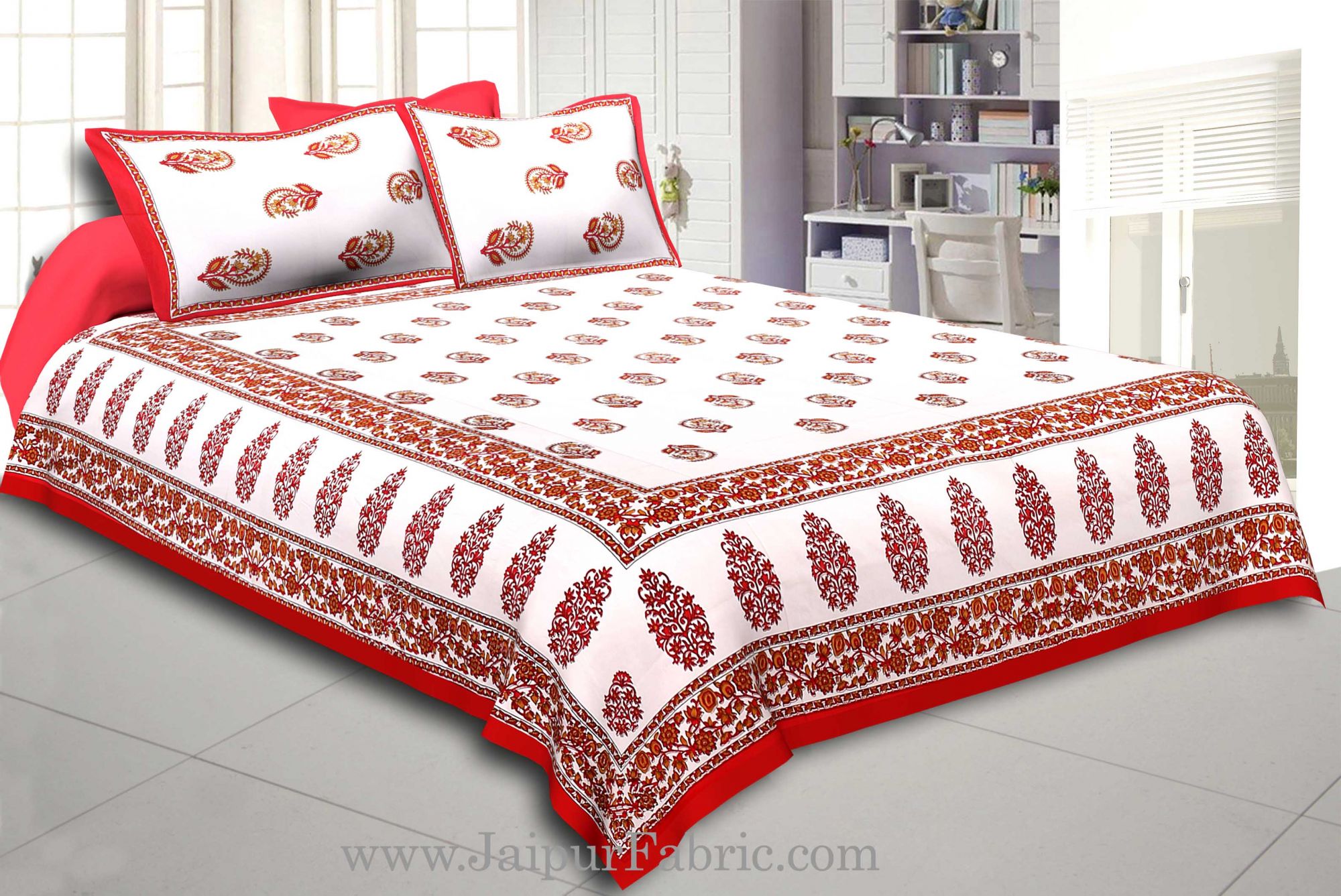 Red  Border White Base Gamla And Booti Print Cotton Double Bed Sheet