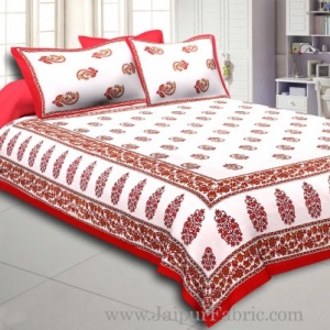 Red  Border White Base Gamla And Booti Print Cotton Double Bed Sheet