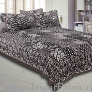Grey Border Black Base Checks Design Cotton Double Bedsheet With Pillow Cover