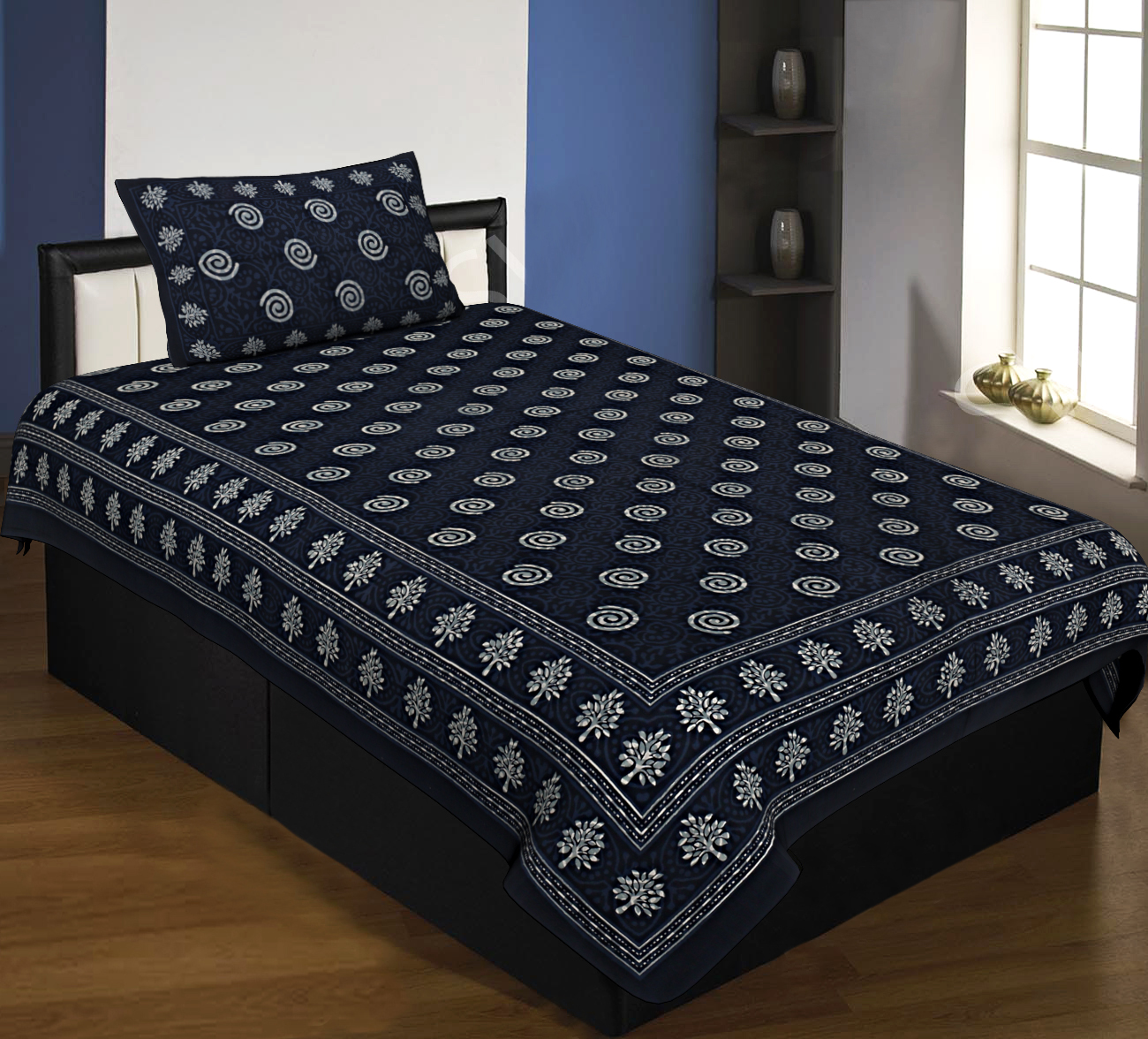 Single Bedsheet Navy blue Dabu Print