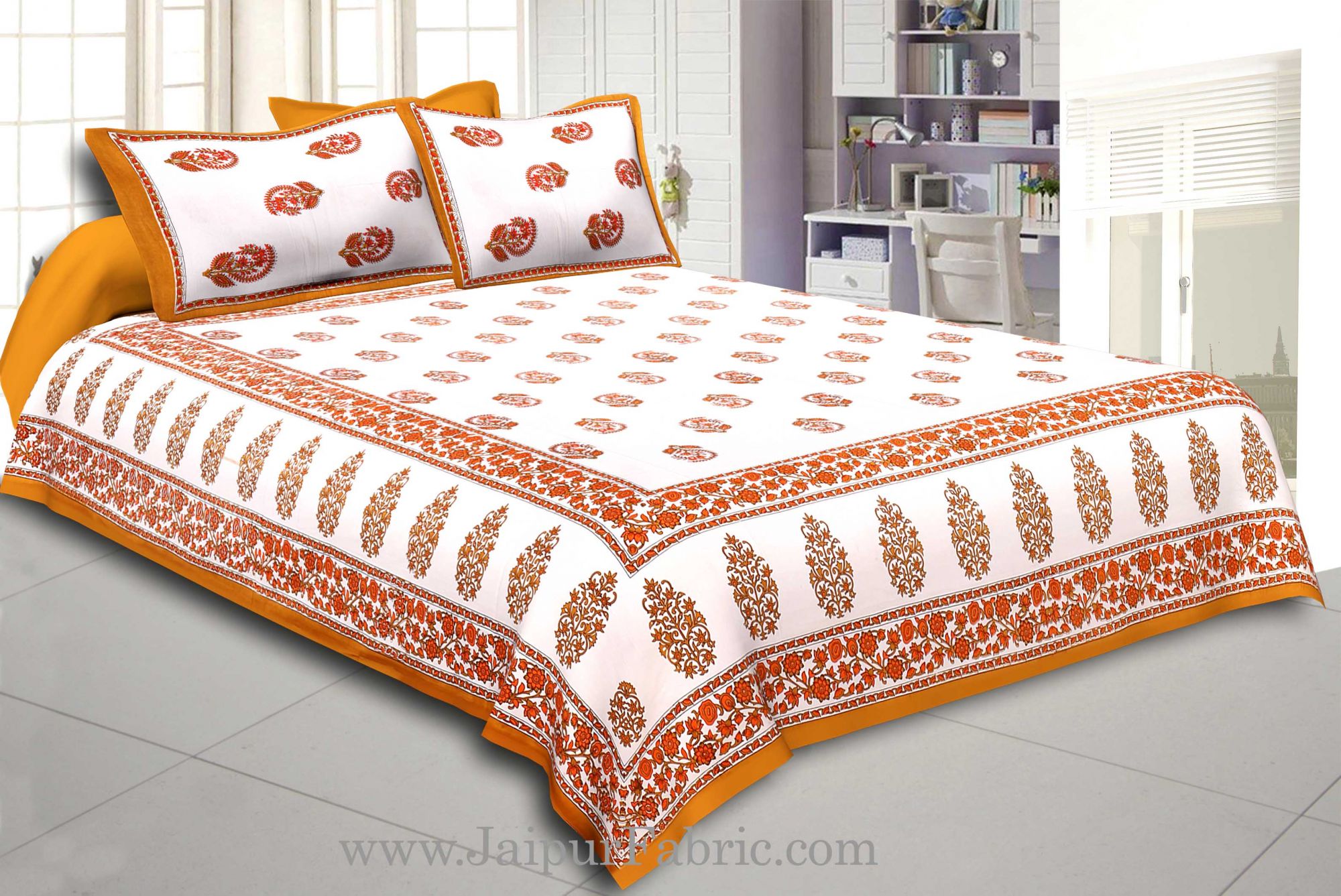 Brown Border White Base Gamla And Booti Print Cotton Double Bed Sheet