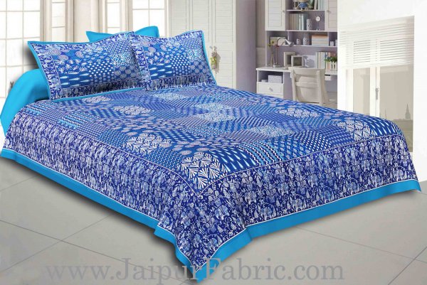 Sea Green Border Blue Base Checks Design Cotton Double Bedsheet With Pillow Cover