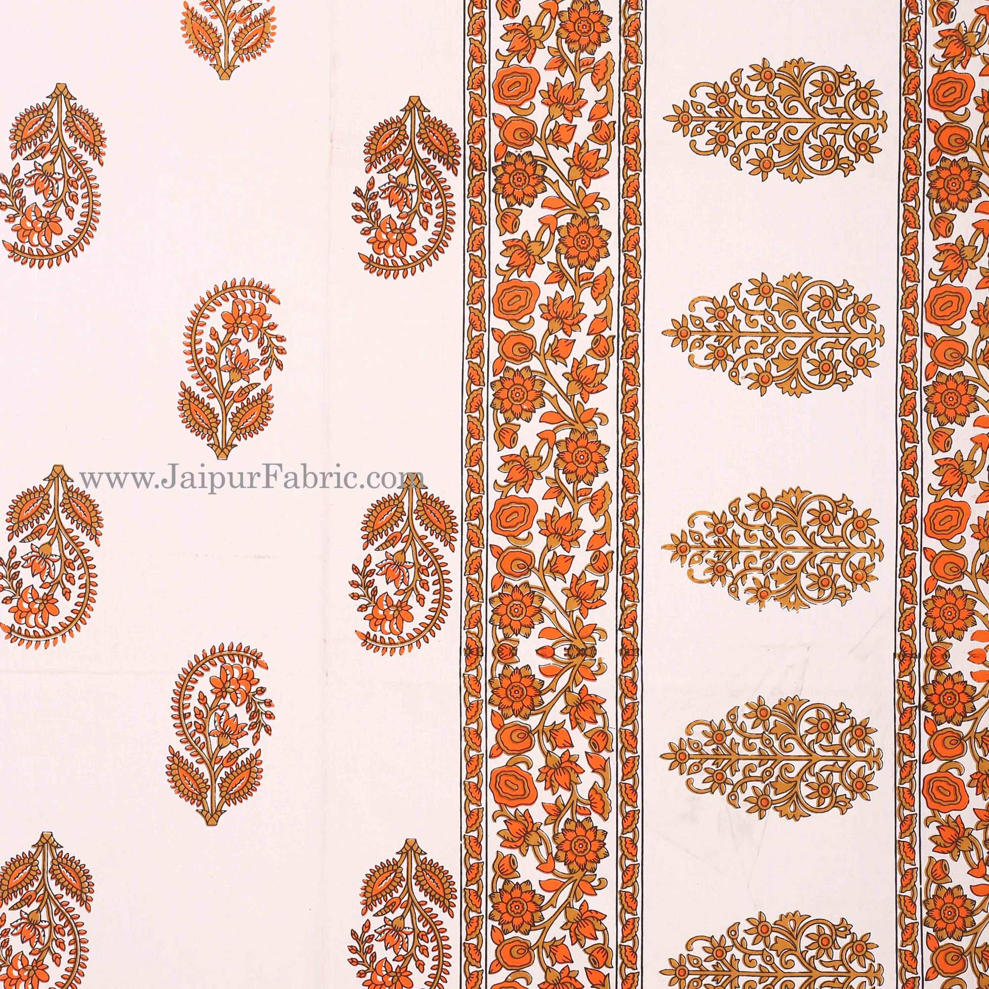 Brown Border White Base Gamla And Booti Print Cotton Double Bed Sheet