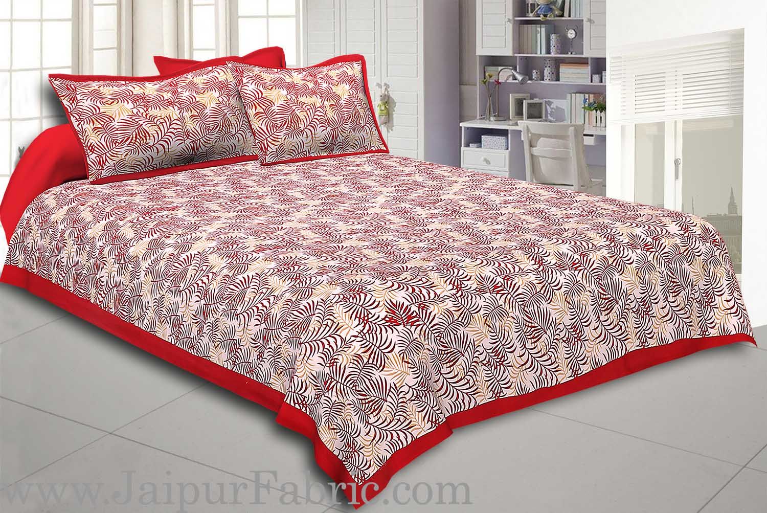 Radish Maroon Border Dense Leaf Pattern Cotton Satin Bed Sheet