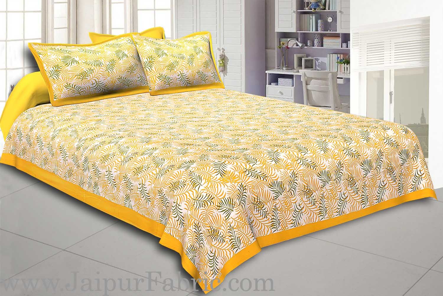 Yellow Border Dense Leaf Pattern Cotton Satin  Double Bed Sheet