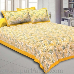 Yellow Border Dense Leaf Pattern Cotton Satin  Double Bed Sheet
