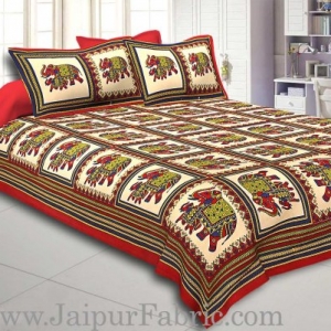 Red Border Big Elephant In Check Cotton Double Bed Sheet