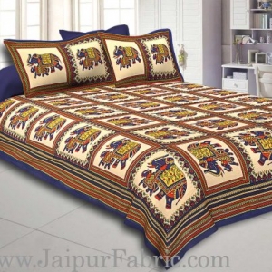 Blue Border Big Elephant In Check Cotton Double Bed Sheet