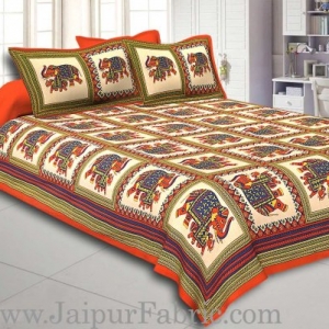 Orange Border Big Elephant In Check Cotton Double Bed Sheet