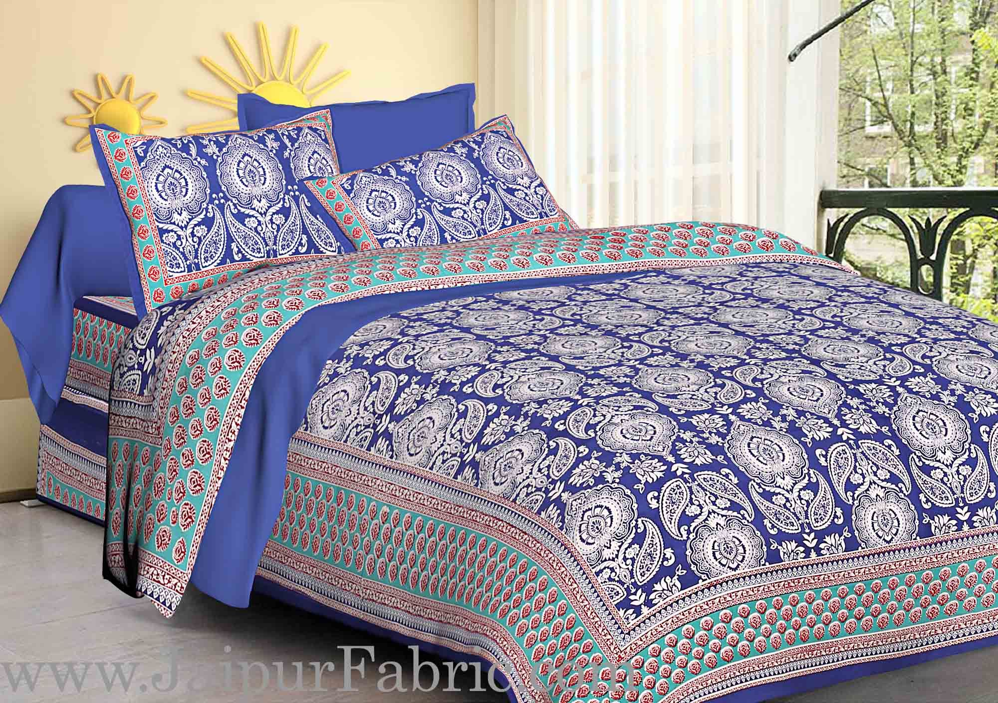 Blue Border Large Booty Print Cotton Double Bed Sheet