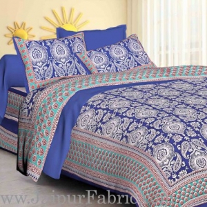 Blue Border Large Booty Print Cotton Double Bed Sheet