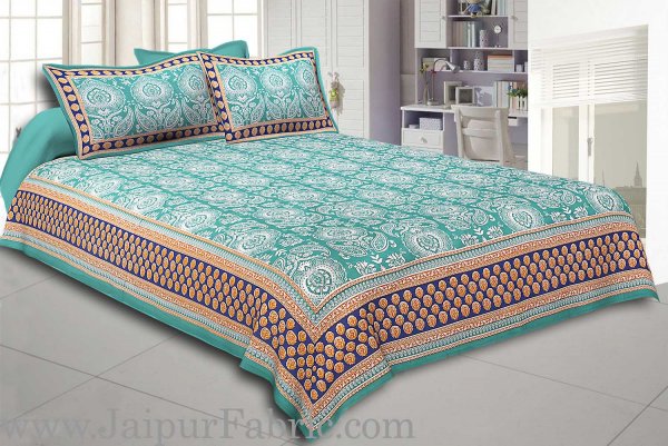 Sea Green  Border Large Booty Print Cotton Double Bed Sheet